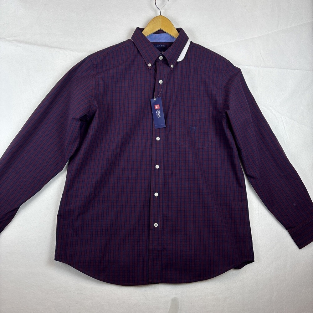 Chaps Mens Big Sky Burgundy Blue Mini Check Plaid Long Sleeve Shirt Sz L NWT